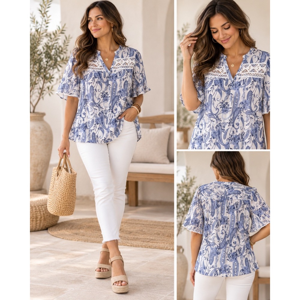 Unique Spectrum Blue White Paisley Lace Eyelet Blouse Short Flutter Sleeve L